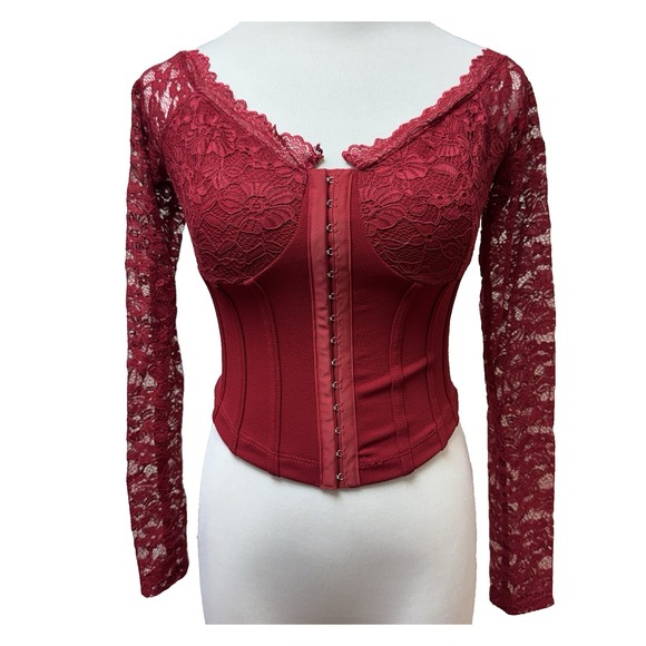 AKIRA Womens Small Red Corset Bustier Date Night Lace Sleeves Regency Going Out - Picture 14 of 16